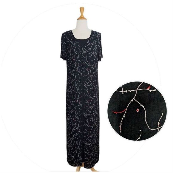 Carole Little 10 M Black Print Maxi Dress Rayon VTG 80s 90s Teacher Boho Career - Picture 1 of 7